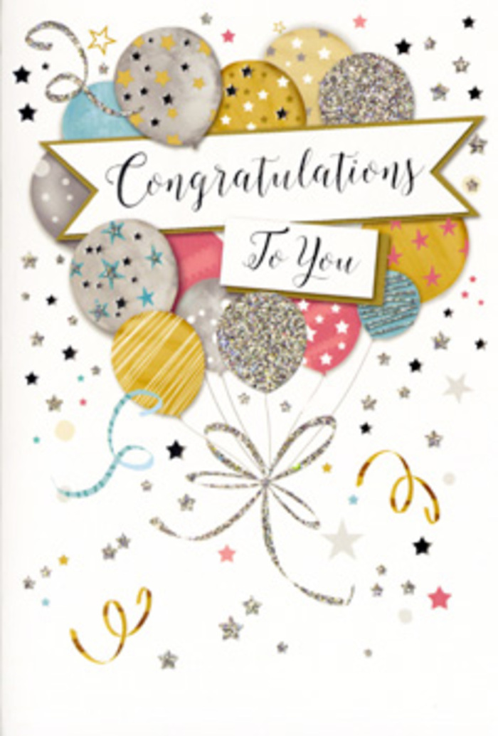 The congratulations card pictured here offers a graceful visual tribute to success, with its design built around a lush arrangement of balloons that fill the centre of the front cover. The balloons rise in overlapping layers, creating a sense of depth and movement, as though they are gently lifting above a reception near St James's Park. Their colours form a soft, refined spectrum-muted gold and silver, warm champagne, sky blue, blush pink, and gentle grey-all chosen to harmonise without overpowering. Each balloon is adorned with subtle decorative touches: some shimmer with clusters of tiny metallic stars, others are lined with slim, elegant stripes, while a few carry a dusting of fine glitter that suggests a light texture you can almost feel beneath your fingertips. The strings trail downward in thin, curling lines of gold and silver, converging loosely at the base and then meandering off across the lower portion of the card like festive ribbons left after a celebration along St James's Street. Around the balloon bouquet, the background is sprinkled with small, metallic elements-stars, dots, and swirling streamers-that resemble confetti frozen in mid-air, capturing the moment just after congratulations have been shared. A gently curved banner runs across the centre of the design, its edges highlighted with a delicate metallic border. Within the banner, the words "Congratulations To You" are written in elegant, flowing script, giving the card a personal and heartfelt tone even within a sophisticated setting. The card feels ideal for both personal and professional milestones, echoing the grace of a hand-tied bouquet delivered to a townhouse or office in St James's, where thoughtful details and quiet luxury speak just as loudly as words.