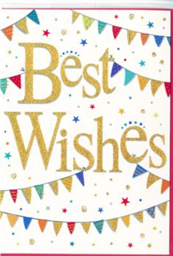 This "Best Wishes" card offers a refined burst of colour against a pristine white background, giving the impression of a carefully planned celebration laid out with elegant restraint. Centre stage, the words "Best Wishes" flow in looping golden script from one side to the other, the lettering bold yet graceful. The gold ink has a subtly raised texture and a soft metallic sheen, calling to mind the polished gleam of traditional St James's shopfronts and the glint of antique picture frames. Surrounding this central phrase, arcs of bunting drape gently above and below, framing the words as if hanging between buildings on a quiet side street just off Pall Mall. Each miniature flag is a triangle of lively colour-vivid blues, reds, greens, yellows, and oranges-finished with playful patterns: some feature evenly spaced dots, others crisp stripes or intricate, tiny mosaic-like designs. These details lend a handmade feel, as though each pennant has been individually crafted for a special occasion. Interspersed between the bunting are small star shapes and circular confetti dots, scattered across the white space in a way that feels spontaneous yet balanced, like confetti mid-fall captured in a single still frame. The white background keeps the overall mood light and unhurried, allowing the bright colours and lustrous gold to stand out without overwhelming. There are no flowers illustrated on the card, yet it naturally sits alongside a sophisticated bouquet destined for an office near Green Park or a discreet celebration in a St James's townhouse. Its tone is open and versatile-equally suited to congratulating a promotion, wishing luck before an important occasion, or simply sending a warm message of encouragement with a touch of celebratory sparkle.