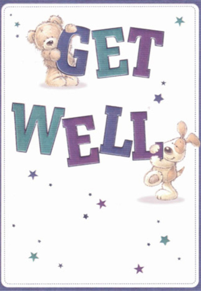 With a touch as soothing as fresh florals from a St James's window, this get well card is crafted for comfort and reassurance. The design depicts a gentle bear and a floppy-eared puppy, united in their mission to deliver a spirited wish for wellness. Both figures invite an affectionate smile: the bear with its soft, textured fur perched atop the lively 'GET,' and the puppy leaning lovingly against the solid 'WELL,' letters shaded in harmonious purples and aquas that conjure the elegant palette of Pall Mall's gallery interiors. Dancing around them, a constellation of delicate stars in violet and blue spins wishes of hope into the scene. The sense of texture-the cozy bear and velvety-eared pup-adds a layer of tangible comfort, echoing the tactile joy of arranging an uplifting bouquet on a rainy day in St James's. The luminous white of the background brings clarity and serenity, reinforcing a mood that's both tender and uplifting. This thoughtful illustration reflects the intentional care poured into every arrangement at Florist St James's, making it an ideal companion to a bouquet meant to brighten a friend's recovery.