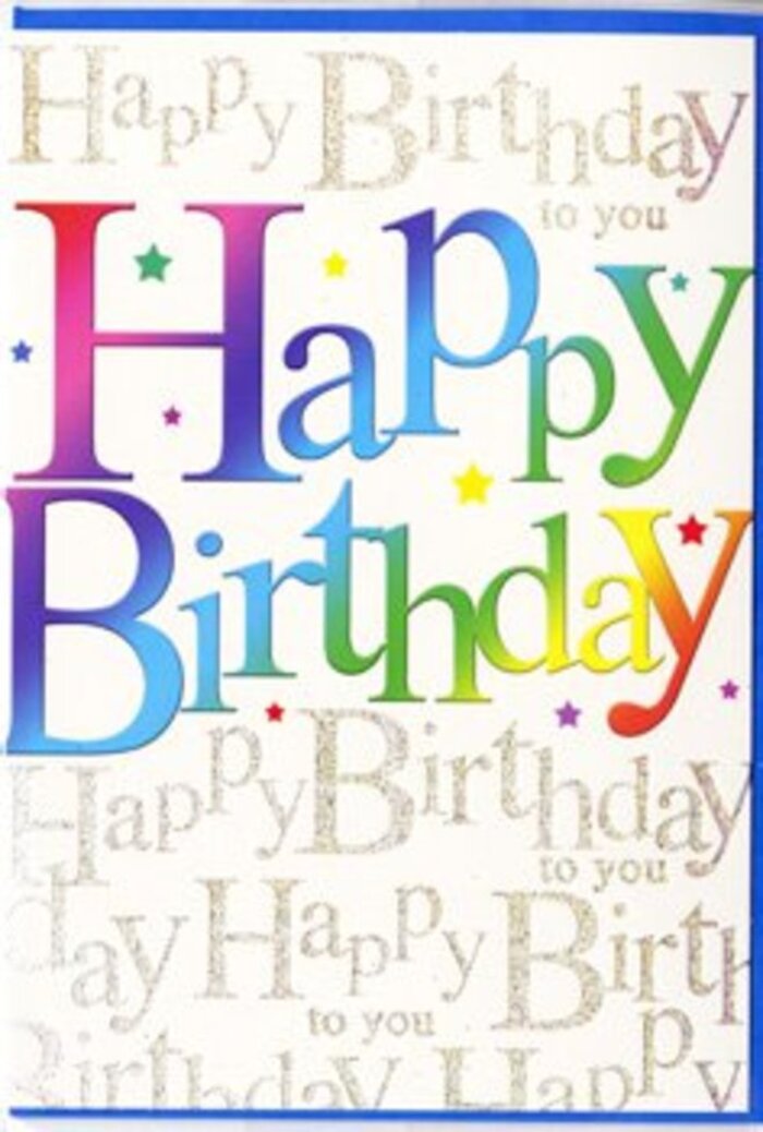 This photograph presents a joyful birthday card whose design balances bright, expressive colour with a touch of classic sophistication, much like the character of St James's itself. Dominating the front, the words "Happy Birthday" are rendered in bold, rounded letters that give an inviting, almost three-dimensional impression. Each letter is dressed in its own shade, following a smooth rainbow progression: ruby reds flow into sunset oranges, then into warm yellows, fresh greens, clear aquas, deep blues, and velvety purples. The colours blend subtly at the edges, suggesting painterly brushstrokes rather than sharp digital lines, evoking the feel of artwork displayed in nearby galleries. Surrounding the central words are tiny colourful specks and starbursts, echoing scattered confetti on a polished St James's dining table after a celebratory toast. Behind the eye-catching typography, the background is soft and light, gently overlaid with repeated lines of golden cursive script, each line reading "Happy Birthday to you." The handwriting is elegant and looping, and the metallic ink gives a refined glimmer when it catches the light, reminiscent of the understated luxury of St James's arcades. The overall finish of the card looks smooth and high-quality, and you can almost imagine the slight texture difference where the coloured letters sit on the card stock. This design feels perfect for someone who enjoys both joyful colour and a hint of formality, the kind of card that would sit beautifully beside a vase of birthday flowers in a St James's office or apartment. As Florist St James's, used to crafting arrangements for local residents and businesses, I'd see this card as an ideal partner for a vibrant, celebratory bouquet delivered throughout St James's and the surrounding streets.
