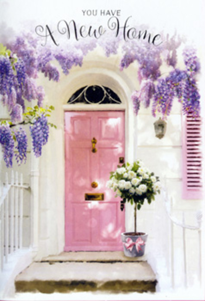 A serene London doorway, reminiscent of a tucked-away residence in St James's, is tenderly adorned with flowers, transforming a simple threshold into a poetic symbol of fresh beginnings. At the centre stands a pink front door, painted in a soft, powdered rose shade that suggests both warmth and refinement. The door's surface is smooth and inviting, framed by a whitewashed wall that reflects the gentle daylight typical of a calm afternoon strolling between St James's Square and Green Park. Overhead, a canopy of wisteria unfurls, its woody stems running along the façade before cascading down in curtains of blossoms. The wisteria flowers are a harmonious mix of lavender and lilac tones, hanging in long, pendant clusters that create a natural archway above the door. Each bloom seems to hover in the air, giving the scene a dreamy, almost painterly quality. To one side, a pastel pink shutter mirrors the door's hue, subtly reinforcing the soft, cohesive palette. At the base of the steps, a florist's creation takes pride of place: a grey tin-style bucket, modest and understated, brimming with creamy white roses. The roses are at that perfect stage of opening where their petals are full yet still slightly cupped, revealing intricate spirals within. Threads of pale green foliage weave between the blooms, adding gentle texture and the whisper of a garden nearby. The bucket is cinched at the bottom with a satin pink ribbon, its neat bow resting like a finishing touch on a beautifully wrapped gift. Taken together, the cascading wisteria, tranquil pink door, and lush roses conjure an atmosphere of gentle celebration-ideal for marking a move into a new home in St James's, where classic London elegance meets the quiet intimacy of flowers chosen with care.