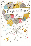 This image shows a stylish congratulations card whose design captures the essence of a well-composed celebration, much like a carefully arranged bouquet from a St James's florist. At the heart of the card is a cluster of balloons that rises from the lower edge toward the top, overlapping softly to create a sense of fullness and lift. The balloons appear in a palette of subtle metallic gold, silver, and champagne, softened with hues of sky blue, rosy pink, and pale grey. Each balloon carries its own pattern: some are scattered with tiny stars, others display slender stripes, while a few glimmer with fine glitter, lending an almost tactile quality to the illustration. Their thin strings fall in graceful curves, drawn in gold and silver lines that intertwine in a relaxed knot at the base before looping gently across the bottom of the card, like ribbons lying on a polished desk after unwrapping a special gift near St James's Square. Around the central balloon bouquet, the light background is animated with small metallic stars, confetti-like specks, and curly streamers that evoke the gentle swirl of festivity after a toast. A curved banner crosses the middle of the balloon arrangement, its edges subtly highlighted. On this banner, the phrase "Congratulations To You" is written in elegant calligraphy, the script flowing smoothly and conveying warmth, admiration, and a sense of occasion. The overall impression is one of soft glamour and dignified joy, making this card perfect for marking achievements such as promotions, graduations, or new ventures, and pairing beautifully with a vase of fresh flowers in a home or office around St James's.