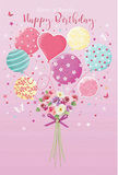 Playful yet sophisticated birthday illustration set against a soft pink backdrop, evoking the refined charm of St James's while remaining light-hearted and fun. The artwork centres on a whimsical arrangement where pastel balloons appear to lift a delicate bouquet right off the page. At the lower part of the composition, roses and anemone-like blossoms cluster closely together in tones of creamy ivory, blush pink, and muted mauve, their petals drawn with feathery softness that suggests newly opened blooms. The stems are neatly tied with a violet satin bow, the ribbon's lustre giving a hint of luxury that would suit a birthday celebration in one of St James's elegant residences. Above the flowers, a joyful parade of balloons floats upwards, each in gentle hues of rose, teal, lemon, and lavender. Some balloons are wrapped in candy-like stripes, others dance with playful polka dots, and at the centre, a heart-shaped balloon radiates affection and birthday joy. Fine highlights skim the balloon surfaces, mimicking the way light might reflect in a shop window along Piccadilly on a bright day. Tiny stars and hints of butterflies are scattered across the scene, adding a fairy-tale sparkle without crowding the composition. The overall mood is airy, sweet, and celebratory, as if the bouquet has just been arranged by Florist St James's and imagined floating on the breeze towards a birthday gathering nearby, carrying with it the suggestion of soft fragrance, pastel colour, and a truly memorable day.