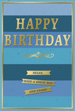 This sophisticated birthday card exudes quiet warmth, blending cool blue tones with tasteful gold accents in a way that feels entirely suited to the classic charm of St James's. The design begins with wide horizontal stripes that span the card from edge to edge, each band a different shade of blue. The uppermost stripe is a deep navy, followed by slightly lighter blues-royal, denim, and teal-before softening into a gentle sky blue at the base. This gradual transition lends the card a soothing, layered depth, like watching light shift across the buildings near St James's Square. Centred on this backdrop, the words "HAPPY BIRTHDAY" appear in tall, embossed gold capitals. The lettering is assertive but not loud, its metallic surface reflecting light with a subtle sheen, and its raised texture adding a pleasing tactile quality. Just below, a graceful gold flourish stretches across the width, its looping design hinting at traditional calligraphy and classic stationery. Under this flourish, three carefully spaced golden banners provide a friendly, encouraging sentiment: "Relax, have a great day and enjoy!" The banners themselves are sharply defined, their reflective gold clean against the layered blues. A thin gold border outlines the card's entire face, enclosing the composition like a finely crafted frame. The card stock looks substantial, with a smooth matte finish that makes the gold details stand out. It's easy to picture this card resting beside a bouquet delivered to a townhouse off Pall Mall, the blues and golds complementing soft floral colours and lending a sense of gentle, composed celebration to someone's special day.